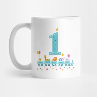 Happy first birthday colorful balloon and train with animal Mug